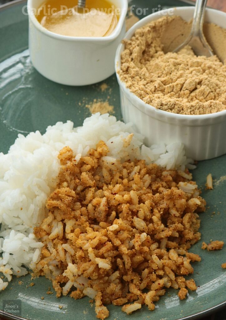 Garlic dal powder served with hot rice and ghee