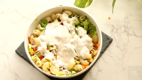 add dressing  pasta salad